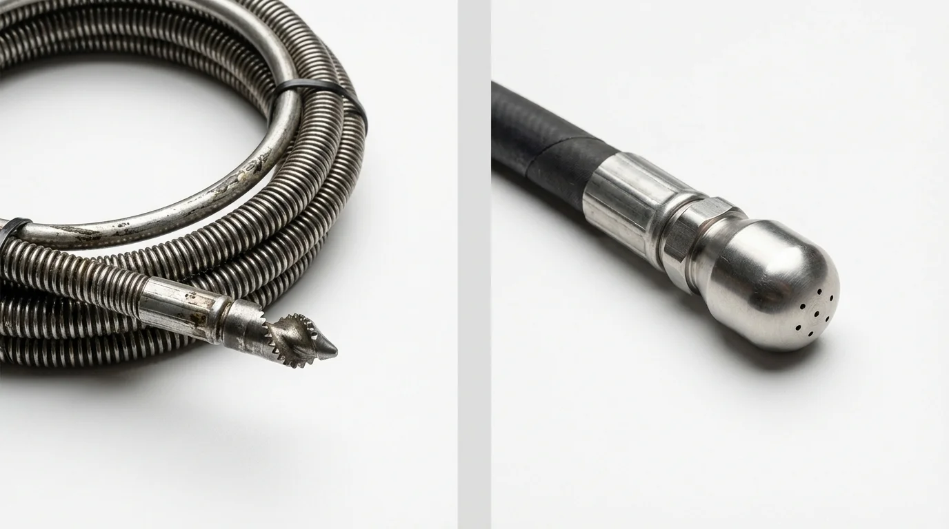Drain snake cable and hydro jetting nozzle used for drain cleaning in Hagerstown, IN