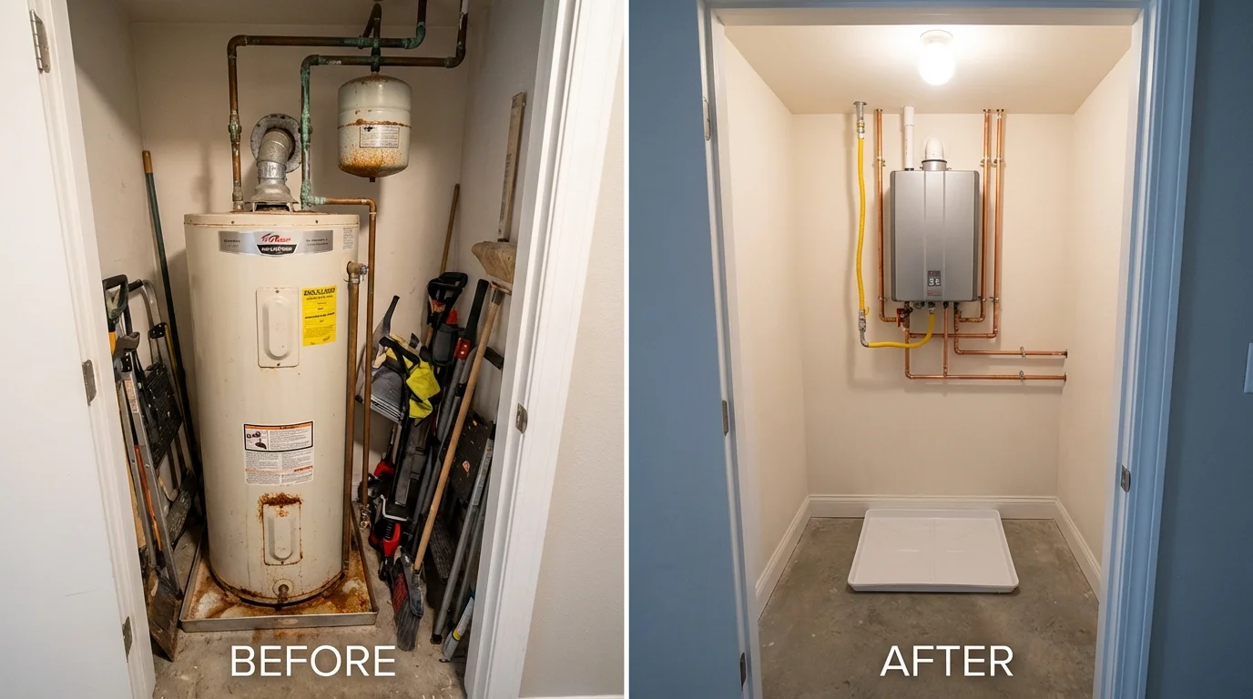 Tank water heater versus wall-mounted tankless unit comparison for Hagerstown, IN homeowners