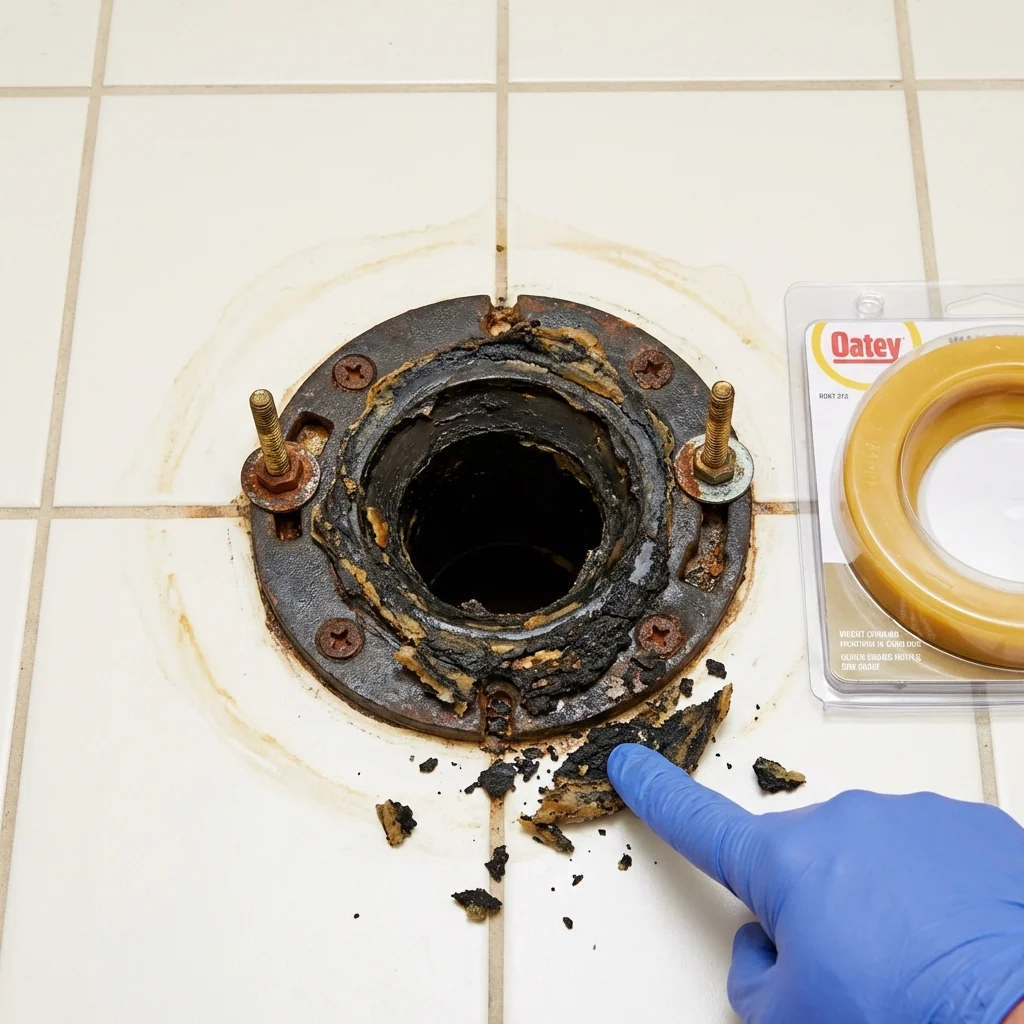 Failed wax ring showing water seepage at the base of a toilet in a Hagerstown, IN home