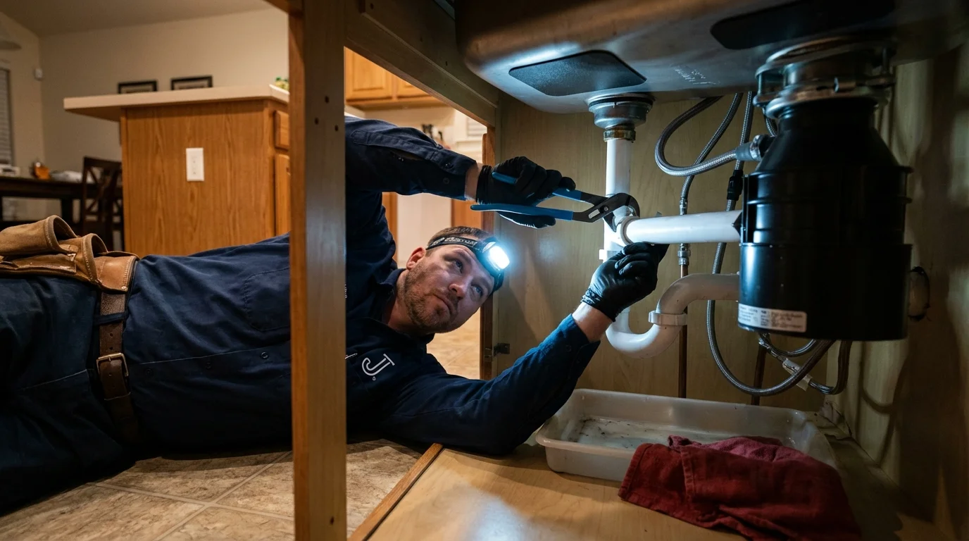 P-trap and supply line connections under a kitchen sink showing a common leak point in Hagerstown, IN